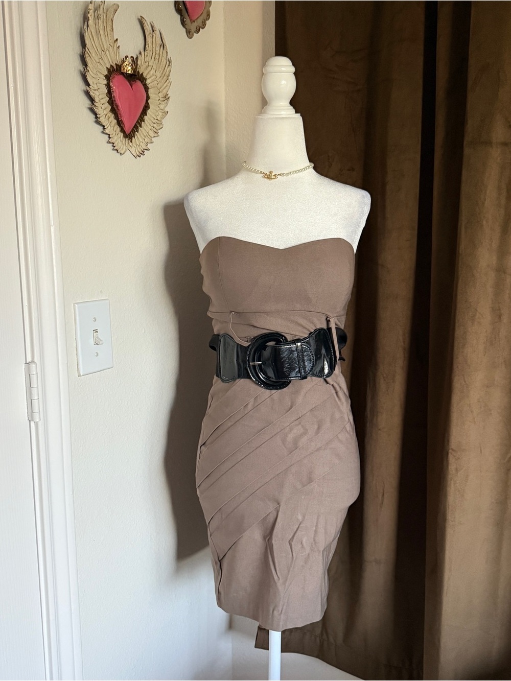 Body Central Strapless Tan Dress with Black Belt